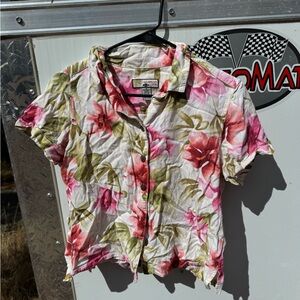 Caribbean Joe Pink and Green Floral Button-Down Shirt